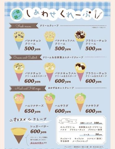 しあわせくれーぷのメニュー表(クレープの絵)